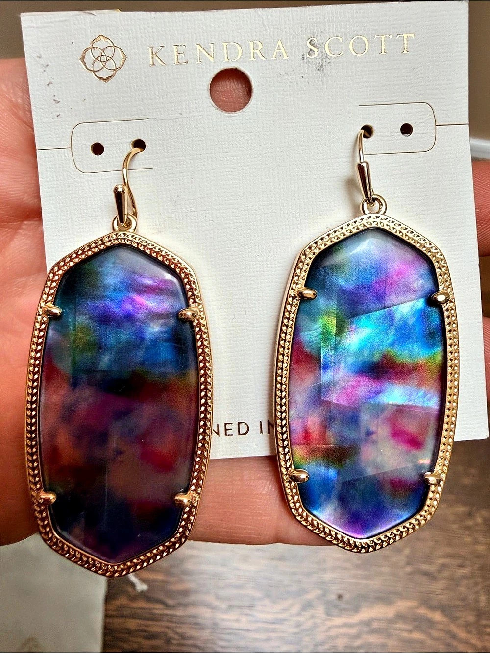 KENDRA SCOTT Danielle Teal Tie Dye Illusion Gold Drop Earrings Glass Gold-Tone - Picture 3 of 6